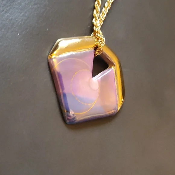 Vintage Gold Purple Blue Hand Painted Artist Signed Geometric Pendant Necklace - Picture 3 of 12